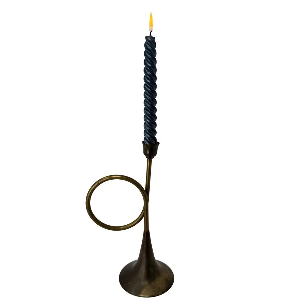 Vintage Brass‎ French Horn Taper Candle Holder Sculptural Mid Century Decor